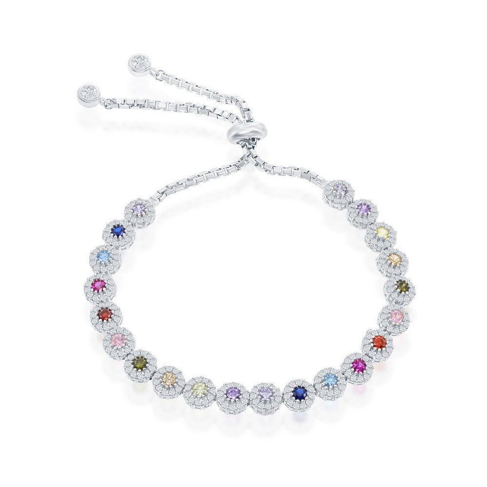Sterling Silver Round CZ Adjustable Bolo Bracelet - Rainbow