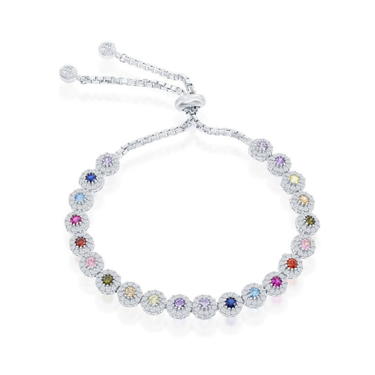 Sterling Silver Round CZ Adjustable Bolo Bracelet - Rainbow
