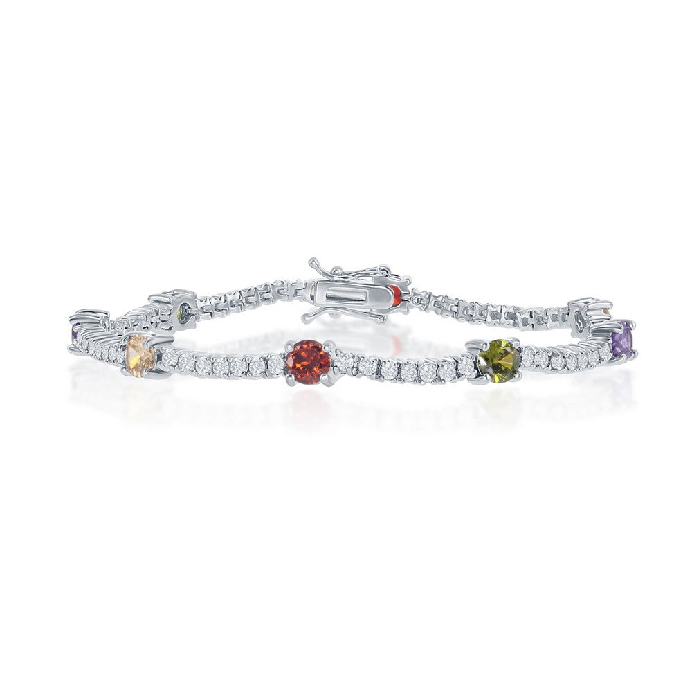 Sterling Silver, Garnet, Champagne, Lavender and Peridot CZ Alternating Bracelet