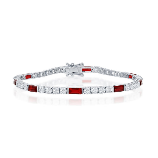 Sterling Silver, Round and Emerald-Cut 3mm Tennis Bracelet - Ruby CZ