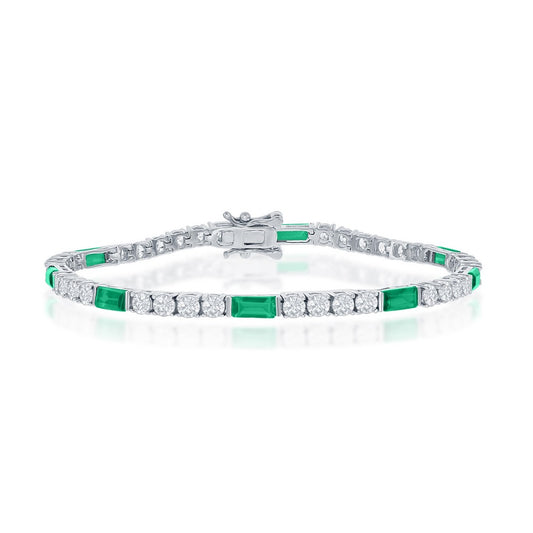 Sterling Silver, Round and Emerald-Cut 3mm Tennis Bracelet - Emerald CZ