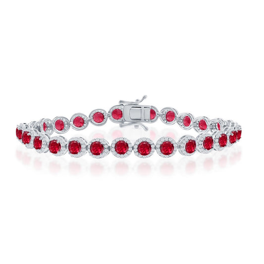 Sterling Silver, Round Halo White & Ruby CZ Linked Bracelet