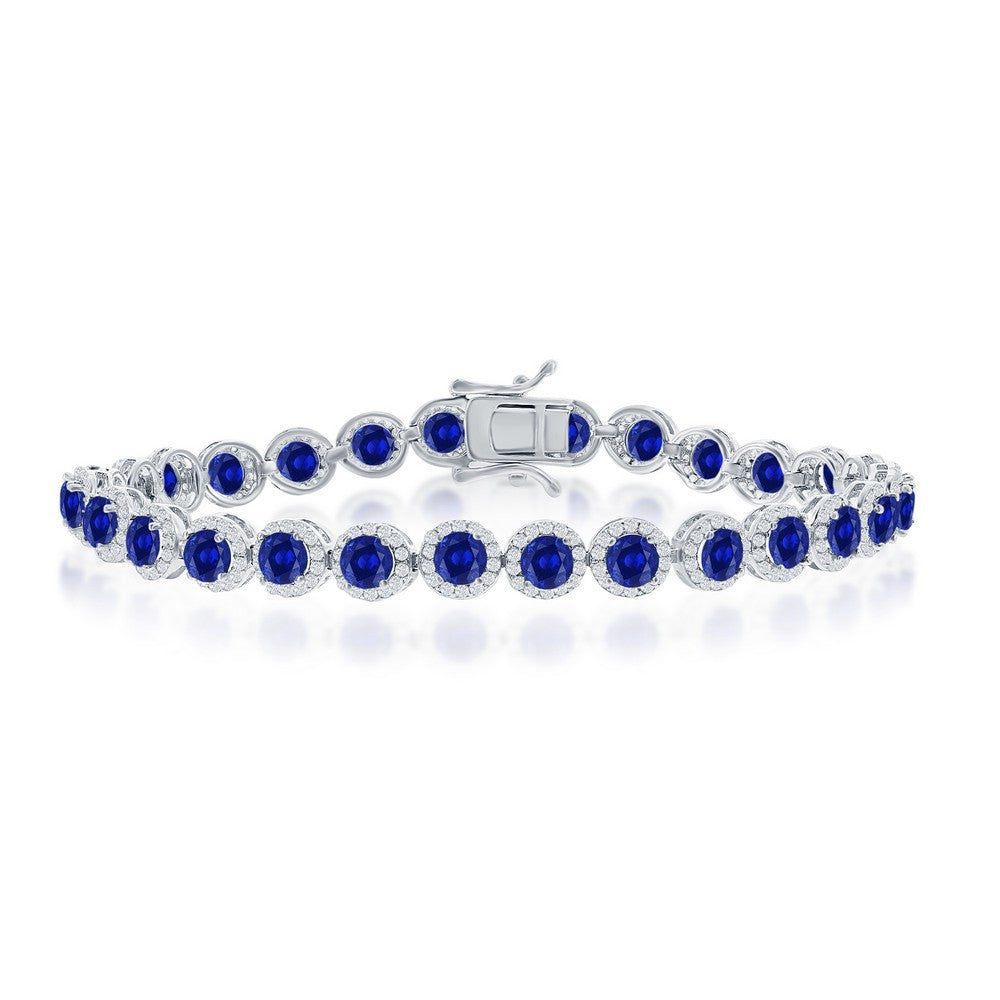 Sterling Silver, Round Halo White & Sapphire CZ Linked Bracelet