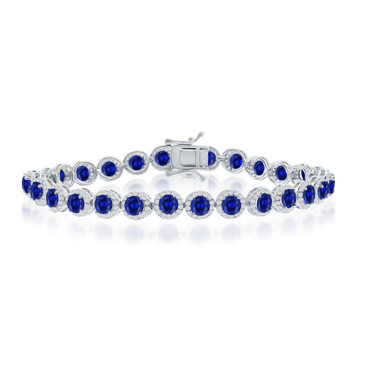 Sterling Silver, Round Halo White & Sapphire CZ Linked Bracelet