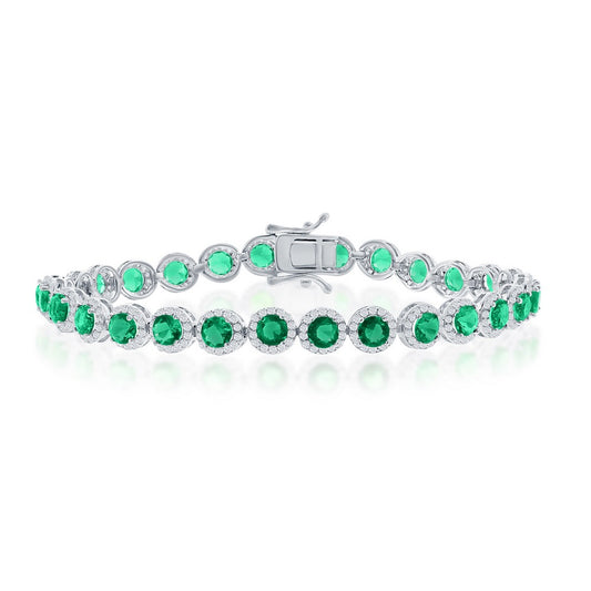 Sterling Silver,  Round Halo White & Emerald CZ Linked Bracelet
