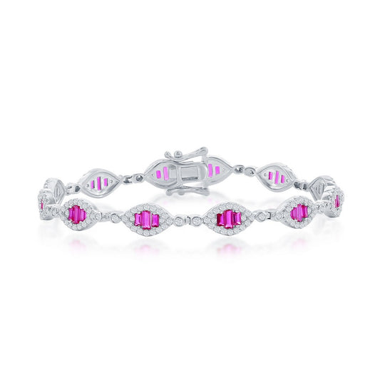 Sterling Silver, Baguette Tennis Bracelet - CZ Ruby