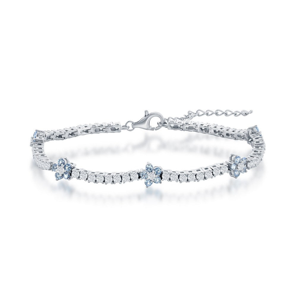 Sterling Silver, Flower Tennis Bracelet - Blue Topaz CZ