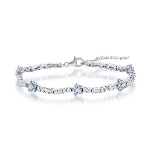 Sterling Silver, Flower Tennis Bracelet - Blue Topaz CZ