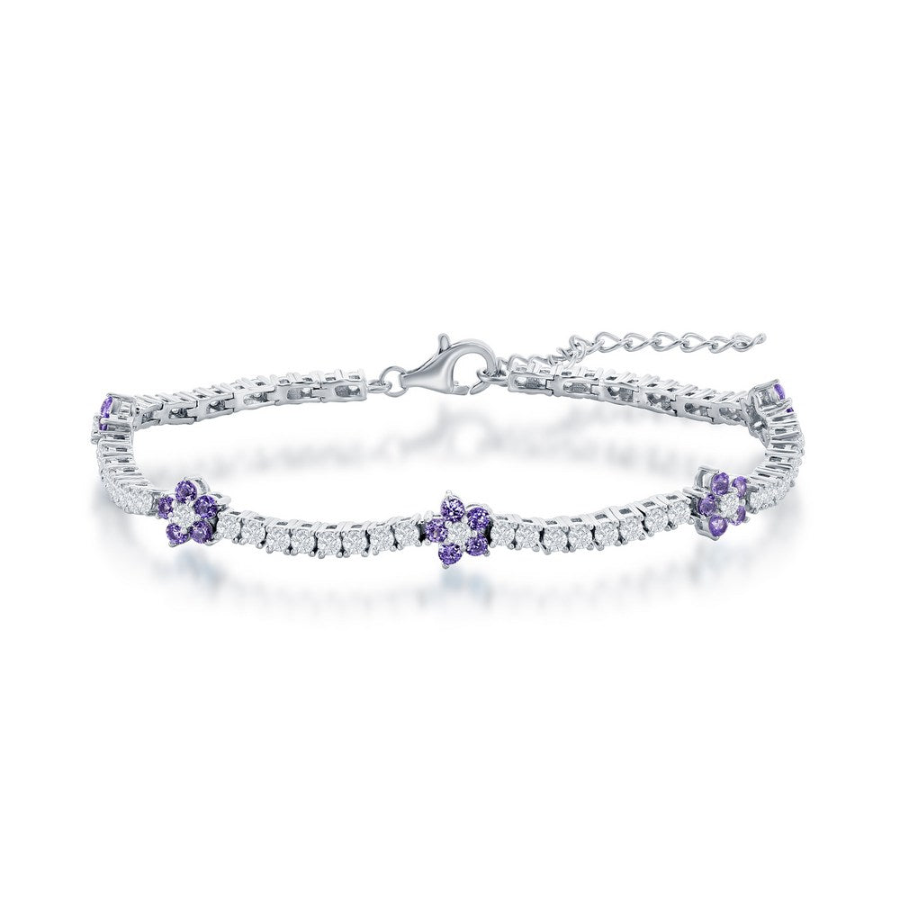 Sterling Silver, Flower Tennis Bracelet - Amethyst CZ