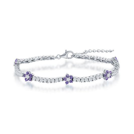 Sterling Silver, Flower Tennis Bracelet - Amethyst CZ