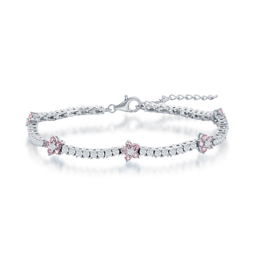 Sterling Silver, Flower CZ Tennis Bracelet - Pink CZ