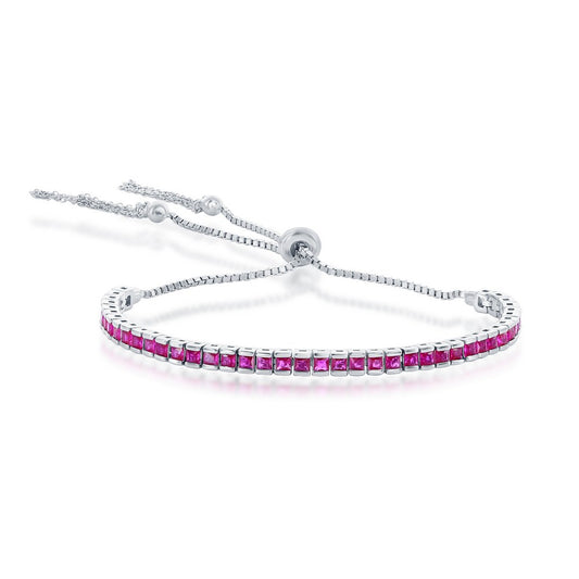 Sterling Silver, Adjustable Bolo & Tassel, Channel-Set Tennis Bracelet - Ruby CZ