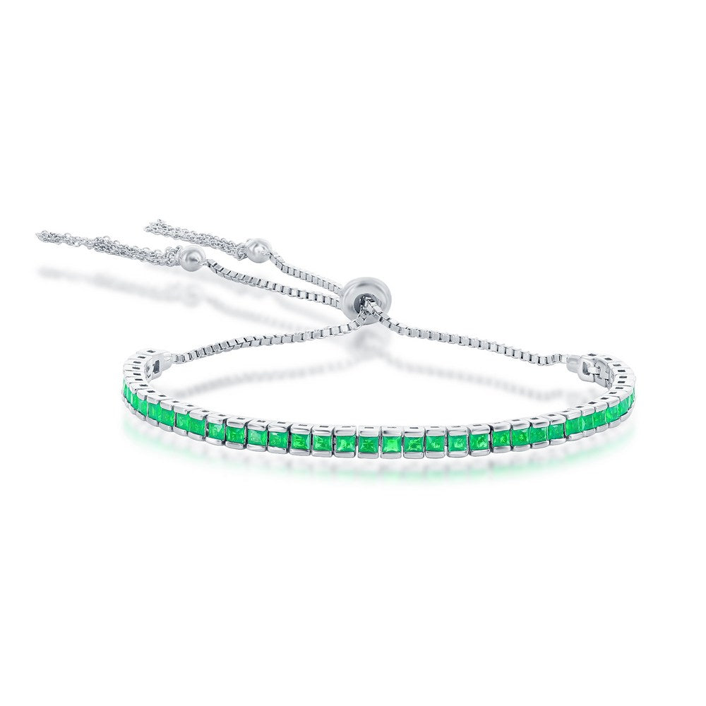 Sterling Silver, Adjustable Bolo & Tassel, Channel-Set Tennis Bracelet - Emerald CZ