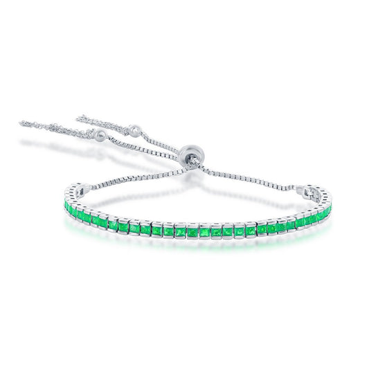 Sterling Silver, Adjustable Bolo & Tassel, Channel-Set Tennis Bracelet - Emerald CZ