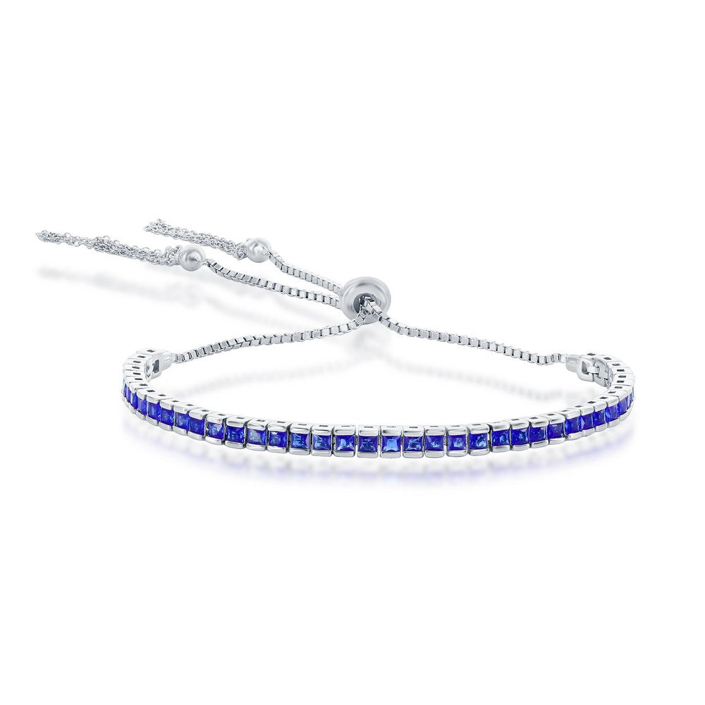 Sterling Silver, Adjustable Bolo & Tassel, Channel-Set Tennis Bracelet - Sapphire CZ