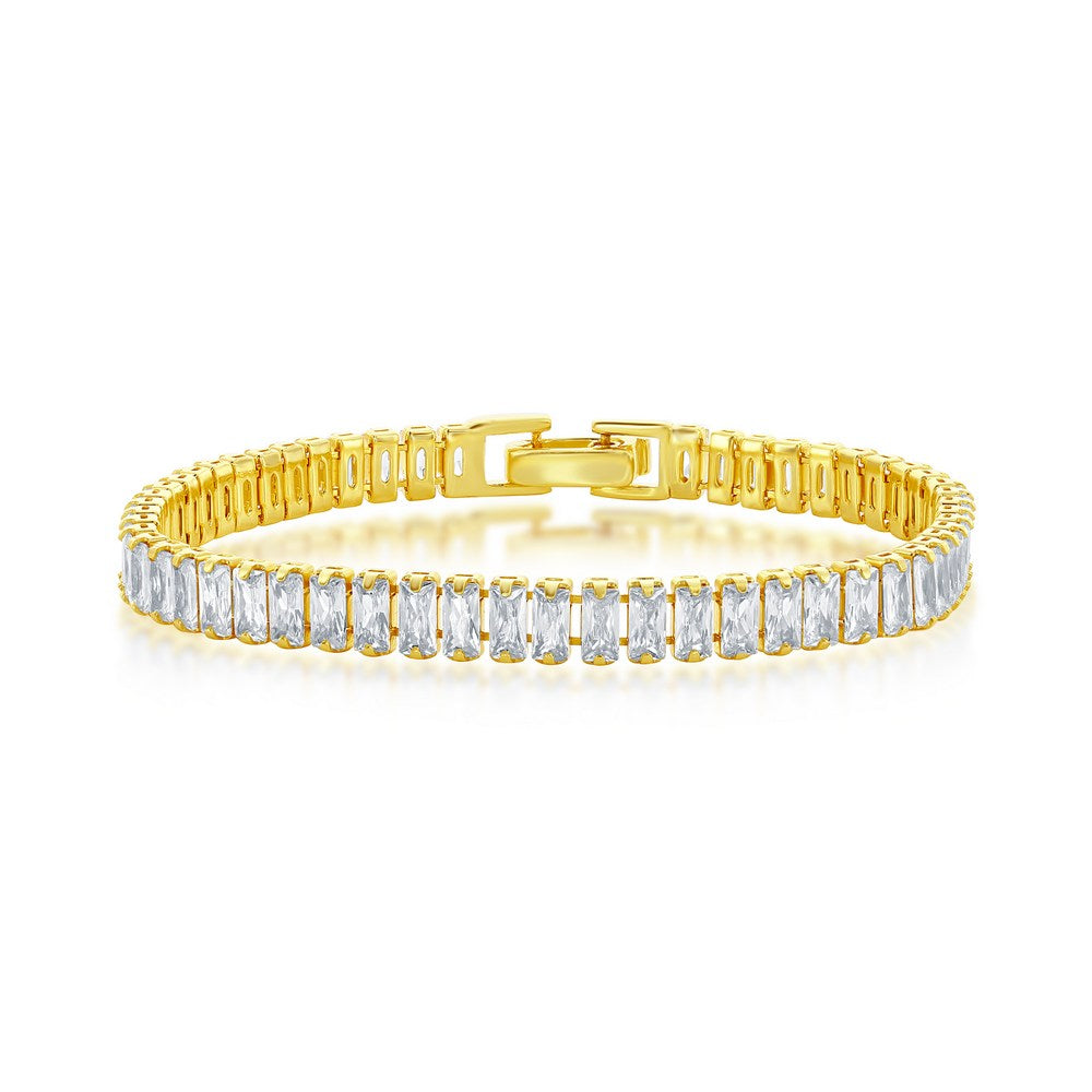 Sterling Silver, 6mm Baguette CZ Tennis Bracelet - Gold Plated