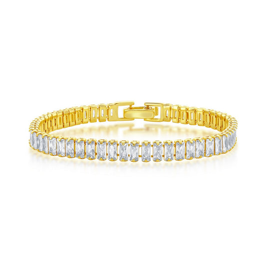 Sterling Silver, 6mm Baguette CZ Tennis Bracelet - Gold Plated