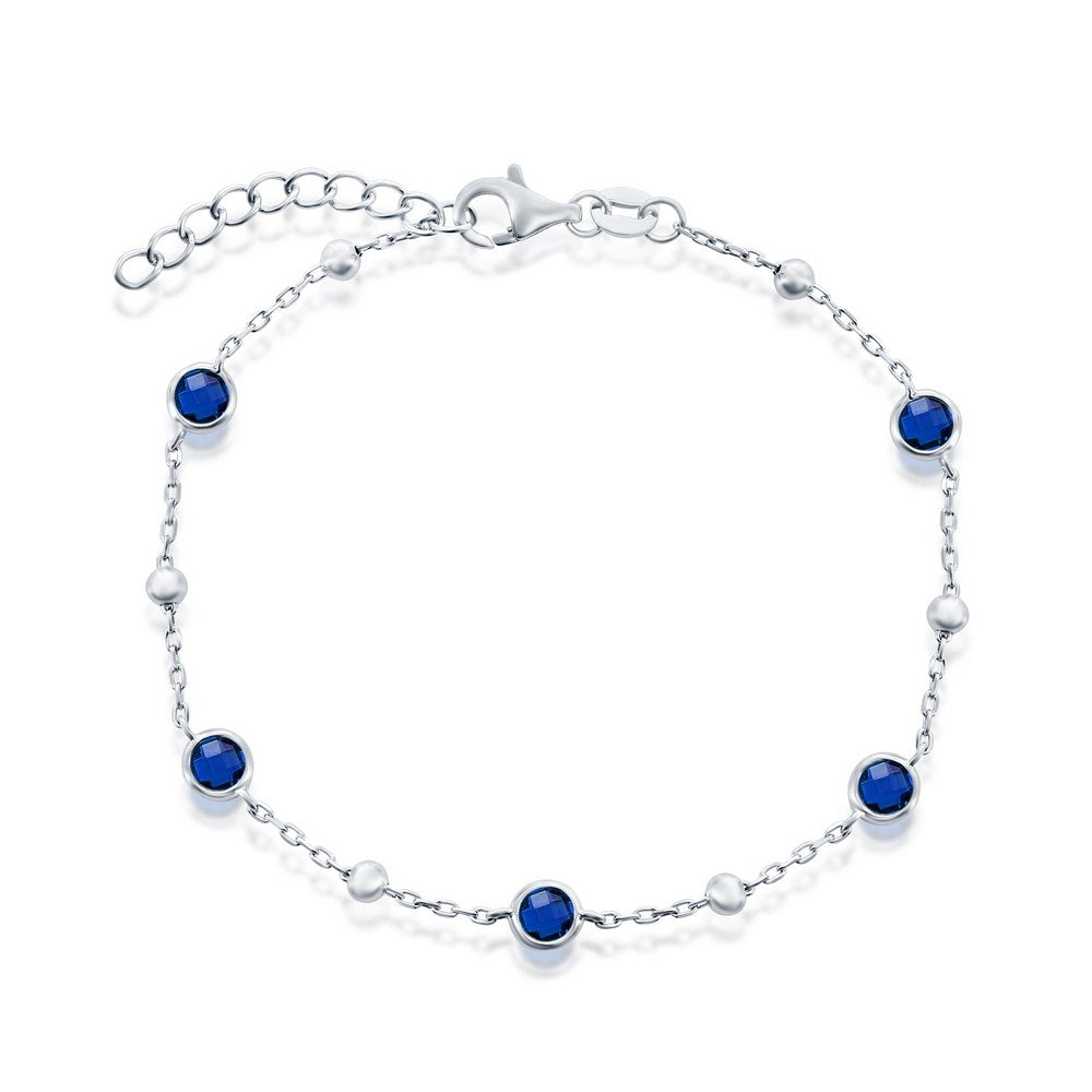 Sterling Silver, Bezel-Set CZ & Bead Bracelet - Sapphire