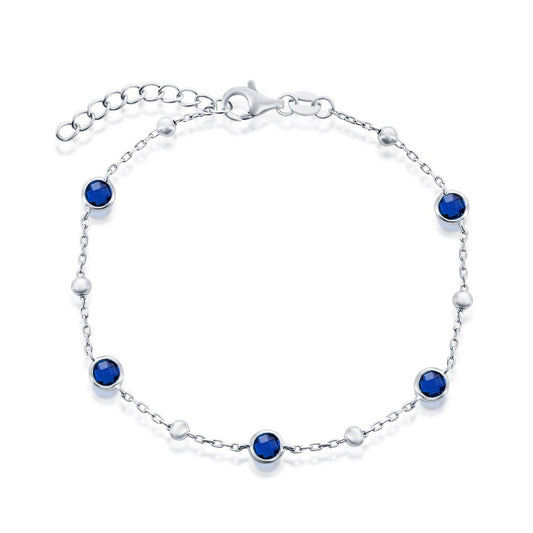 Sterling Silver, Bezel-Set CZ & Bead Bracelet - Sapphire