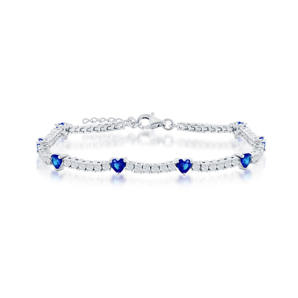 Sterling Silver, Heart and CZ Tennis Bracelet - Sapphire CZ