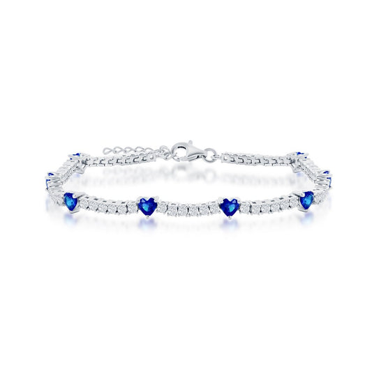 Sterling Silver, Heart and CZ Tennis Bracelet - Sapphire CZ