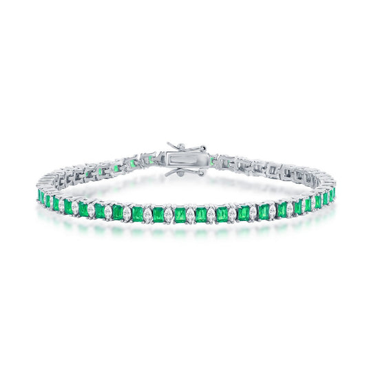 Sterling Silver, Rectangle & Marquise CZ 4mm Tennis Bracelet - Emerald CZ