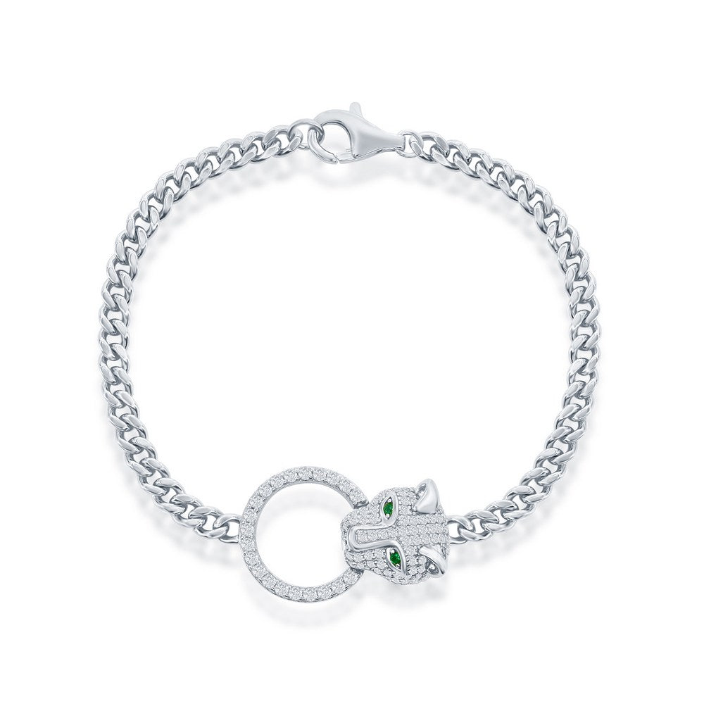 Sterling Silver, CZ Emerald Eyes Panther, Circle CZ Bracelet