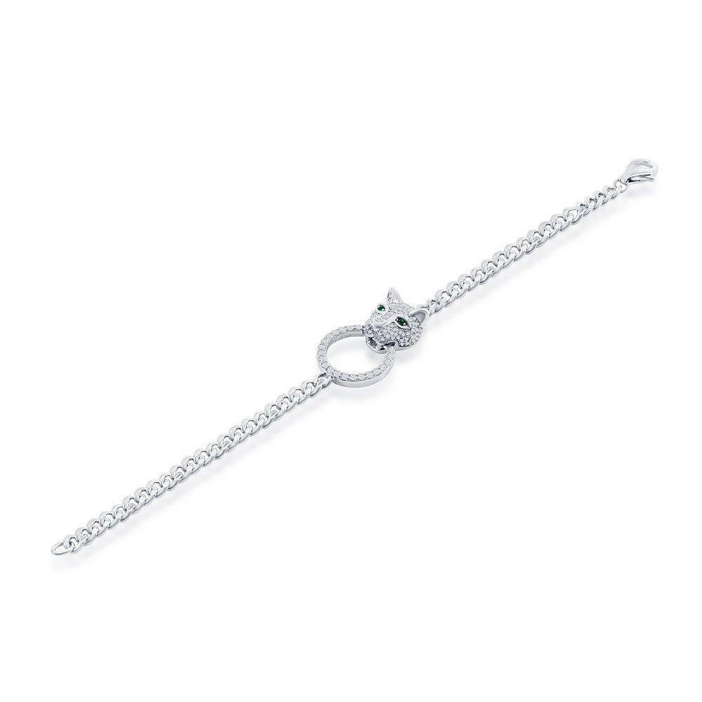 Sterling Silver, CZ Emerald Eyes Panther, Circle CZ Bracelet