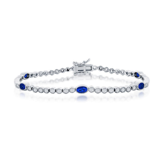 Sterling Silver, Beaded Outline Round & Oval CZ Bracelet - Sapphire
