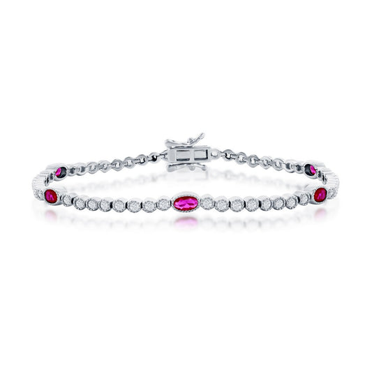 Sterling Silver, Beaded Outline Round & Oval CZ Bracelet - Ruby