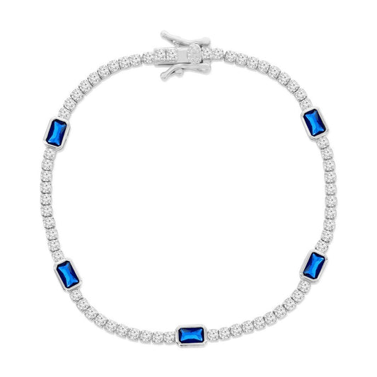 Sterling Silver, Rectangle Bezel-Set & Round CZ Bracelet - Sapphire