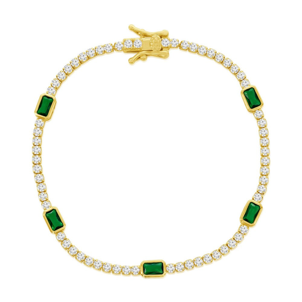 Sterling Silver, Rectangle Bezel-Set & Round CZ Gold Plated Bracelet - Emerald