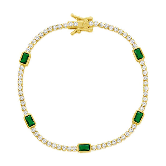 Sterling Silver, Rectangle Bezel-Set & Round CZ Gold Plated Bracelet - Emerald