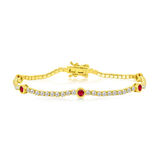 Sterling Silver, Bezel-Set CZ Gold Plated Bracelet - Ruby