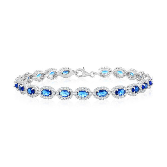 Sterling Silver, Oval Sapphire & White CZ Halo Bracelet