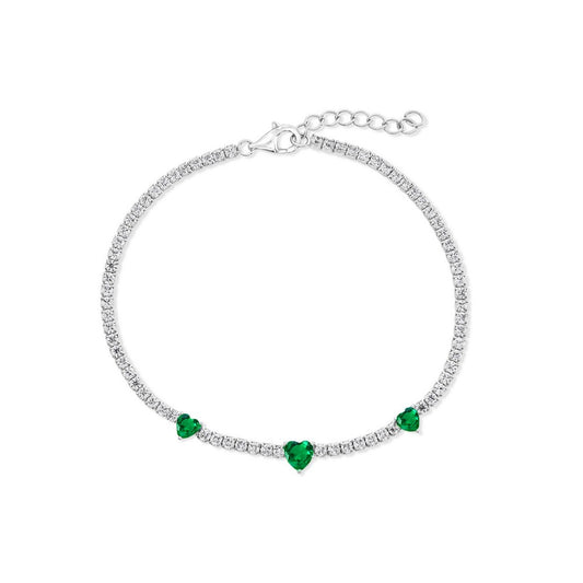Sterling Silver, Heart CZ Tennis Bracelet - Emerald CZ
