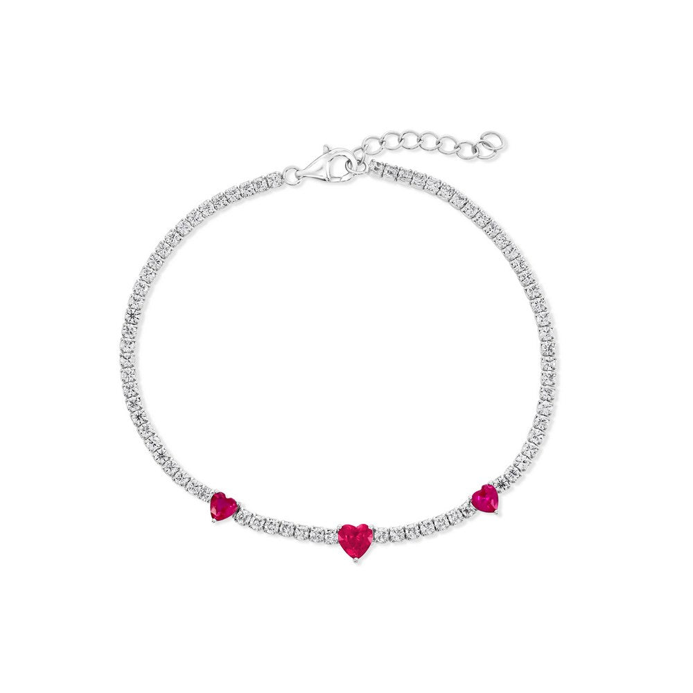 Sterling Silver, Heart CZ Tennis Bracelet - Ruby CZ