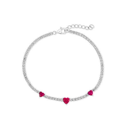 Sterling Silver, Heart CZ Tennis Bracelet - Ruby CZ