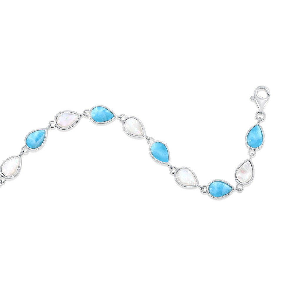 Sterling Silver, Alternating MOP & Larimar Pearshaped Bracelet