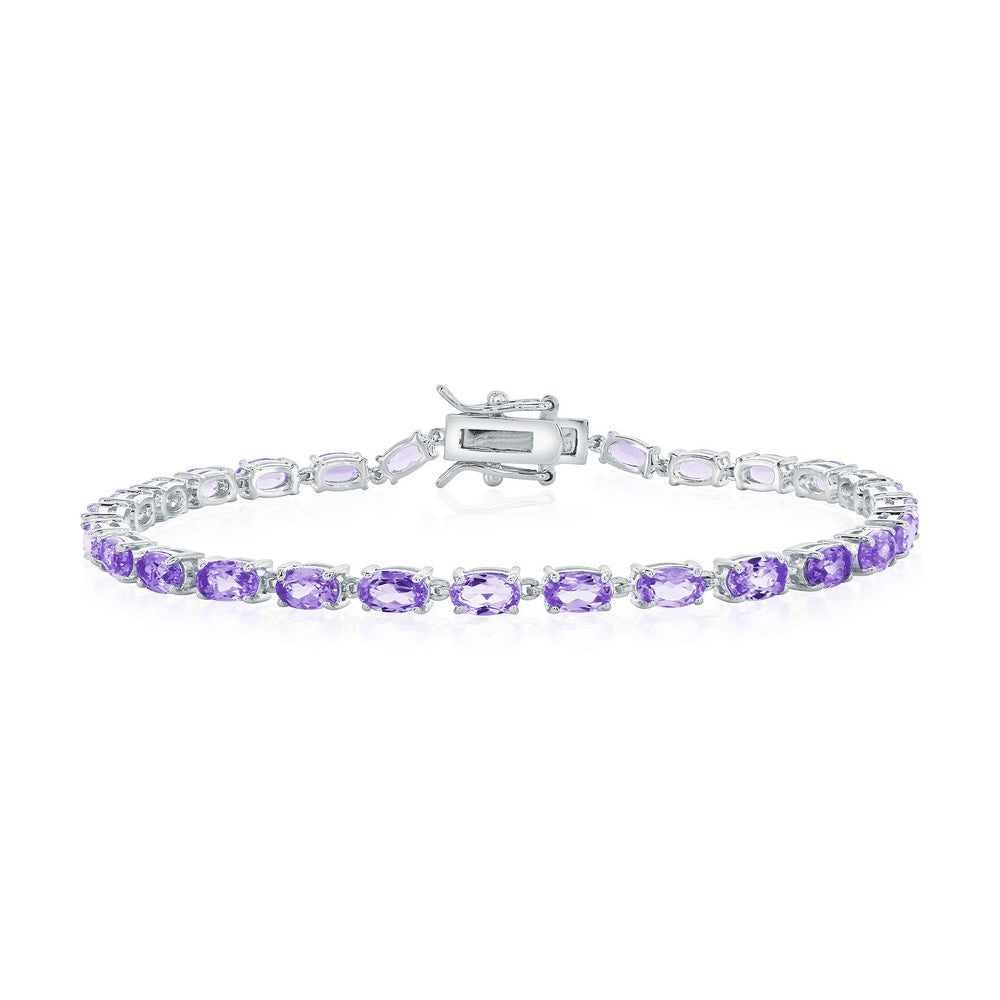 Sterling Silver, Oval Gem Tennis Bracelet - Amethyst
