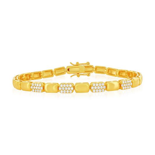 Sterling Silver, Polished & CZ Rectangle Bracelet - Gold Plated