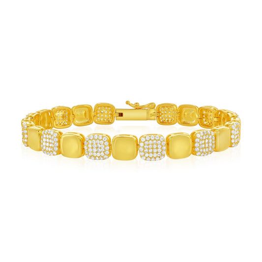 Sterling Silver, Alternating Polished & CZ Square Bracelet - Gold Plated