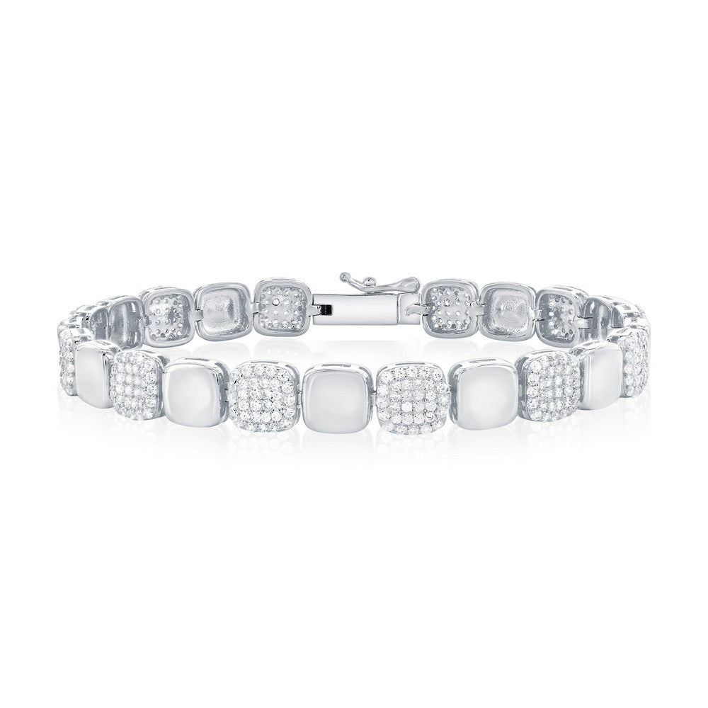 Sterling Silver, Alternating Polished & CZ Square Bracelet