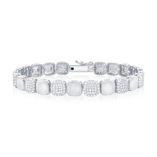 Sterling Silver, Alternating Polished & CZ Square Bracelet