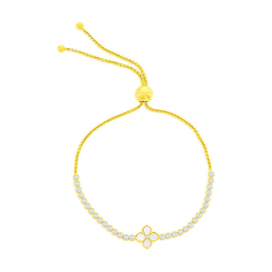 Sterling Silver, Flower MOP Center, CZ Adjustable Bolo Bracelet - Gold Plated