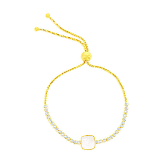 Sterling Silver, Square MOP Center, CZ Adjustable Bolo Bracelet - Gold Plated