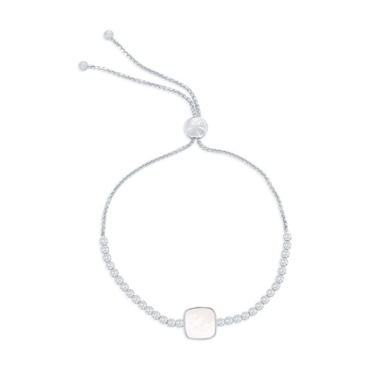 Sterling Silver, Square MOP Center, CZ Adjustable Bolo Bracelet
