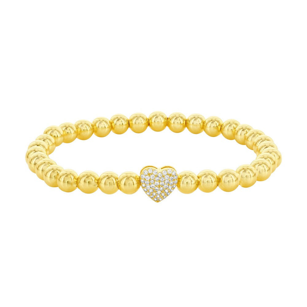 Sterling Silver, CZ Heart Beaded Bracelet - Gold Plated