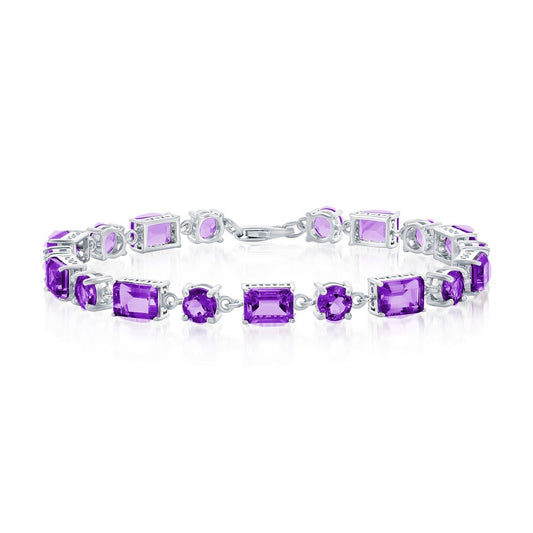Sterling Silver, Round & Emerald-Cut Gem Bracelet - Amethyst