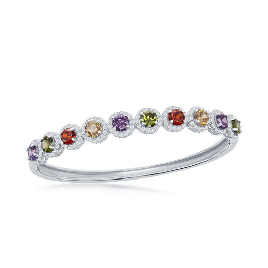 Sterling Silver Halo Rainbow CZ with White CZ Border Bangle